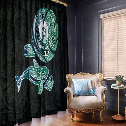 Whale and Dhari Torres Strait Islands Window Curtain Deep Green Oceanic Tribal Pattern Art