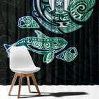 Whale and Dhari Torres Strait Islands Window Curtain Deep Green Oceanic Tribal Pattern Art