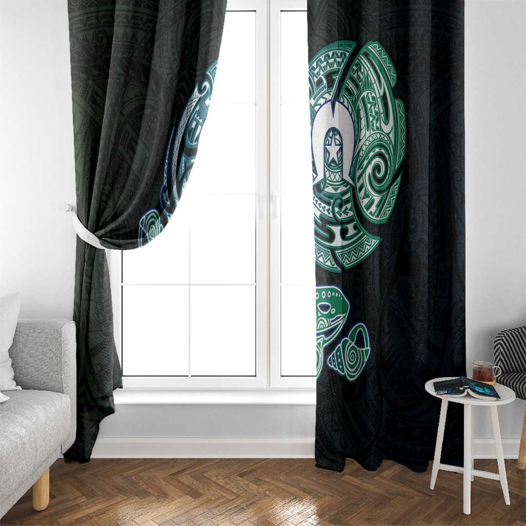 Whale and Dhari Torres Strait Islands Window Curtain Deep Green Oceanic Tribal Pattern Art