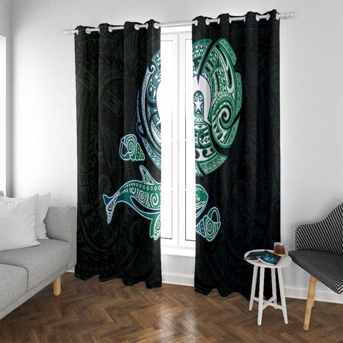 Whale and Dhari Torres Strait Islands Window Curtain Deep Green Oceanic Tribal Pattern Art