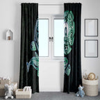 Whale and Dhari Torres Strait Islands Window Curtain Deep Green Oceanic Tribal Pattern Art