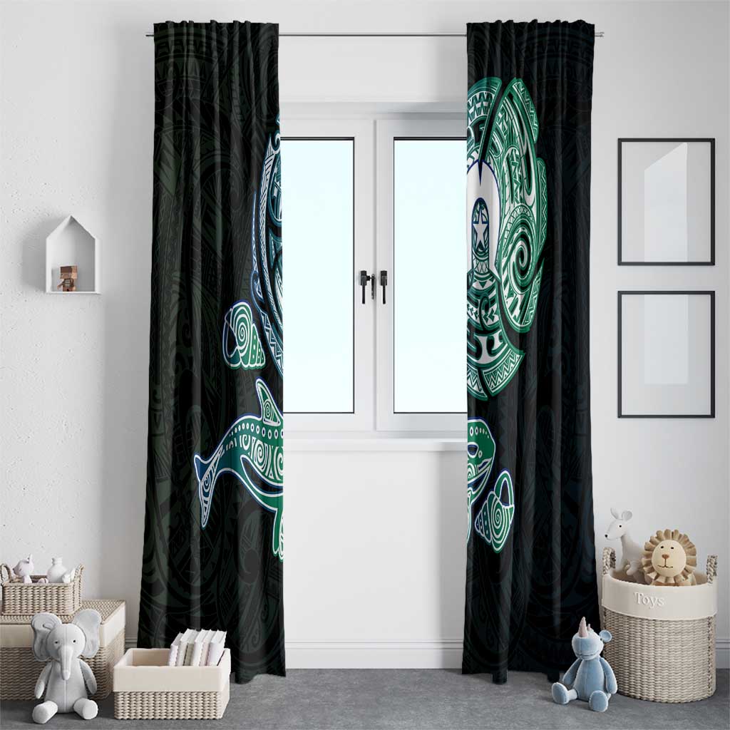 Whale and Dhari Torres Strait Islands Window Curtain Deep Green Oceanic Tribal Pattern Art