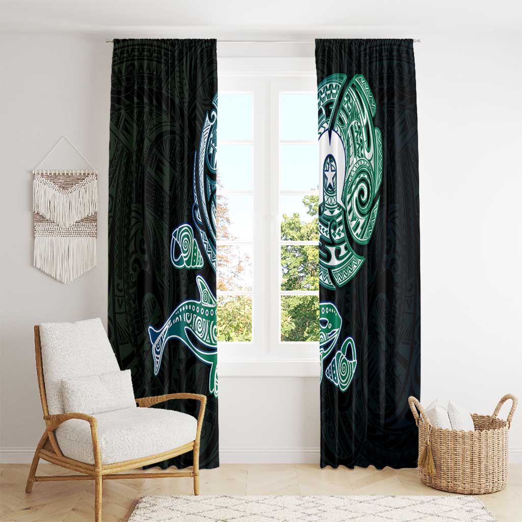 Whale and Dhari Torres Strait Islands Window Curtain Deep Green Oceanic Tribal Pattern Art