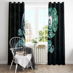 Whale and Dhari Torres Strait Islands Window Curtain Deep Green Oceanic Tribal Pattern Art