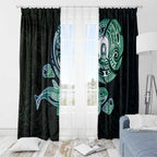 Whale and Dhari Torres Strait Islands Window Curtain Deep Green Oceanic Tribal Pattern Art