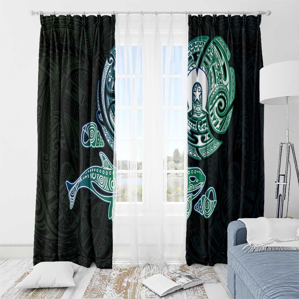 Whale and Dhari Torres Strait Islands Window Curtain Deep Green Oceanic Tribal Pattern Art