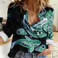 Whale and Dhari Torres Strait Islands Women Casual Shirt Deep Green Oceanic Tribal Pattern Art