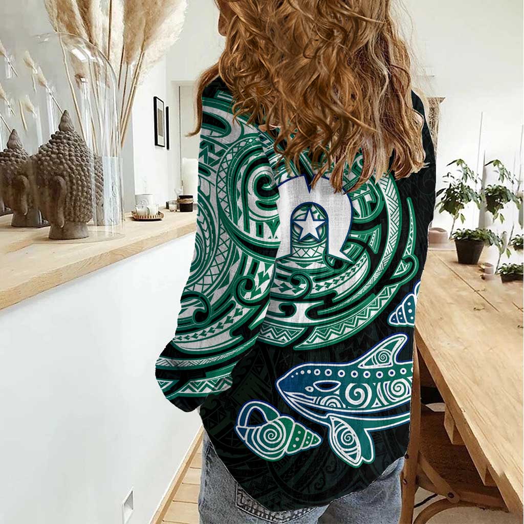 Whale and Dhari Torres Strait Islands Women Casual Shirt Deep Green Oceanic Tribal Pattern Art