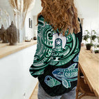 Whale and Dhari Torres Strait Islands Women Casual Shirt Deep Green Oceanic Tribal Pattern Art