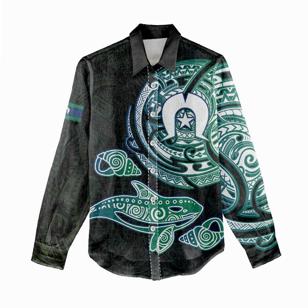 Whale and Dhari Torres Strait Islands Women Casual Shirt Deep Green Oceanic Tribal Pattern Art