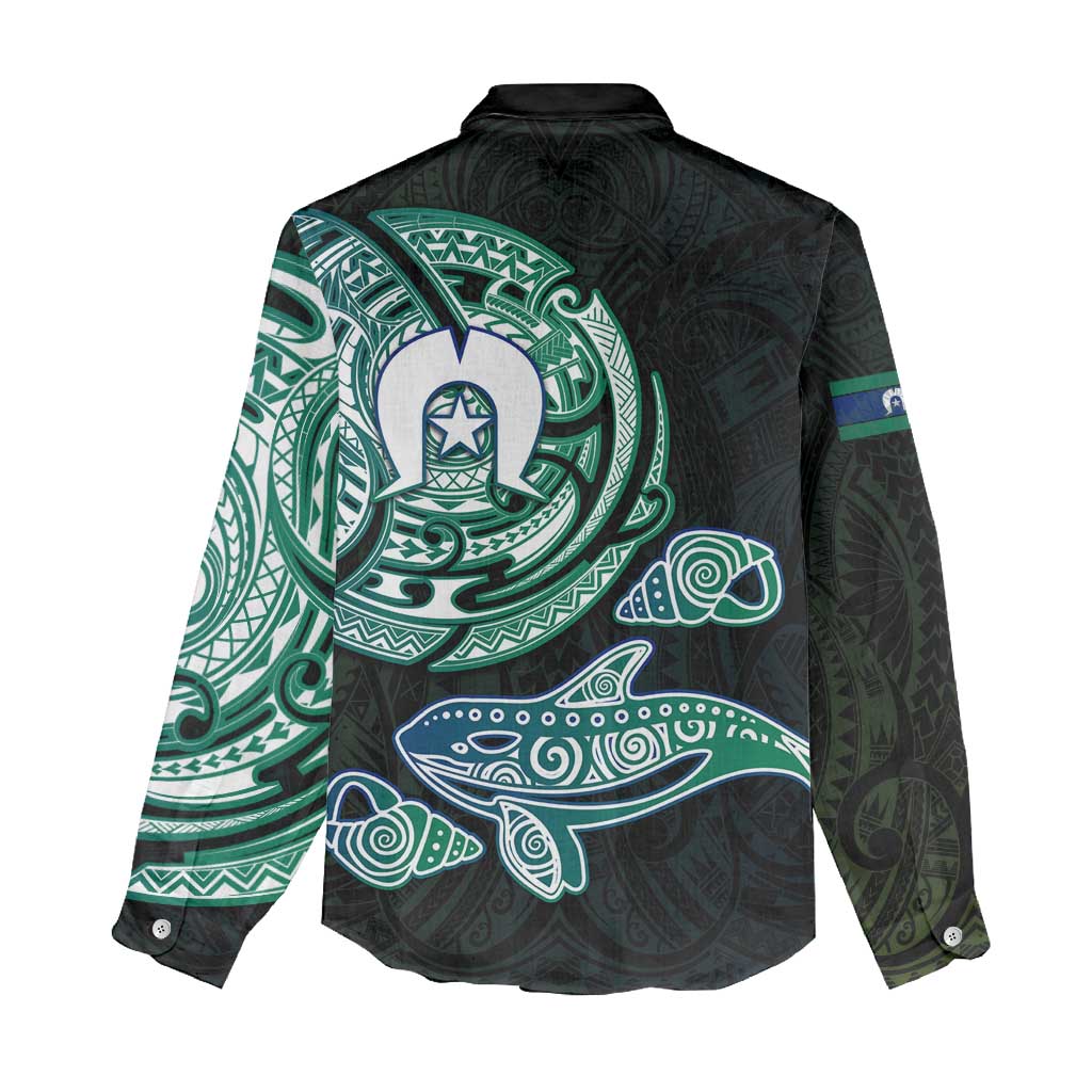 Whale and Dhari Torres Strait Islands Women Casual Shirt Deep Green Oceanic Tribal Pattern Art