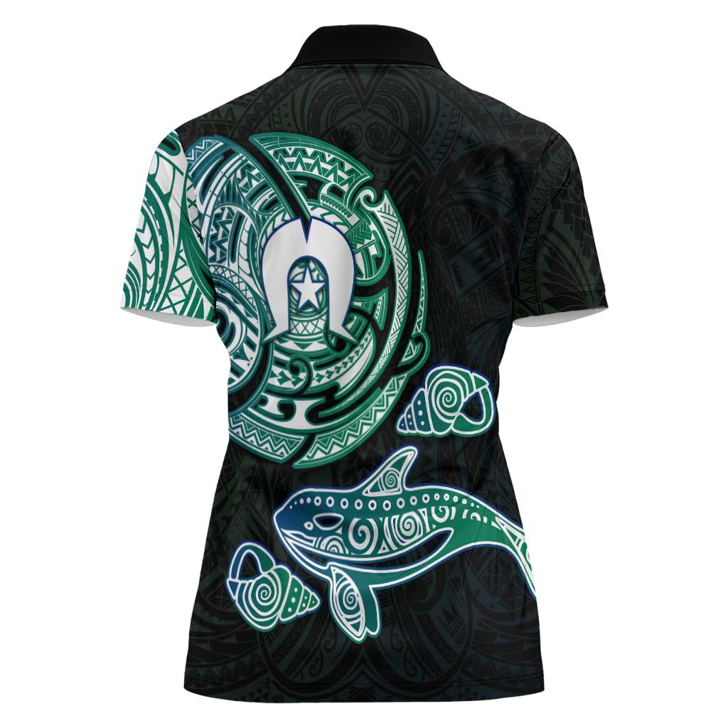 Whale and Dhari Torres Strait Islands Women Polo Shirt Deep Green Oceanic Tribal Pattern Art