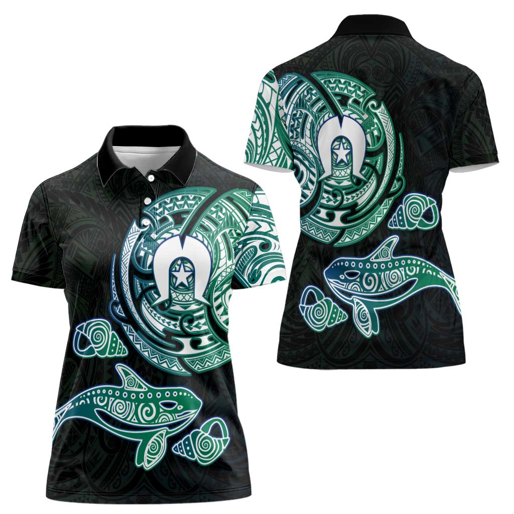 Whale and Dhari Torres Strait Islands Women Polo Shirt Deep Green Oceanic Tribal Pattern Art
