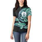 Whale and Dhari Torres Strait Islands Women Polo Shirt Deep Green Oceanic Tribal Pattern Art
