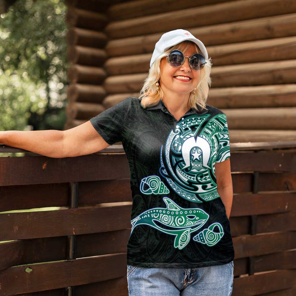 Whale and Dhari Torres Strait Islands Women Polo Shirt Deep Green Oceanic Tribal Pattern Art