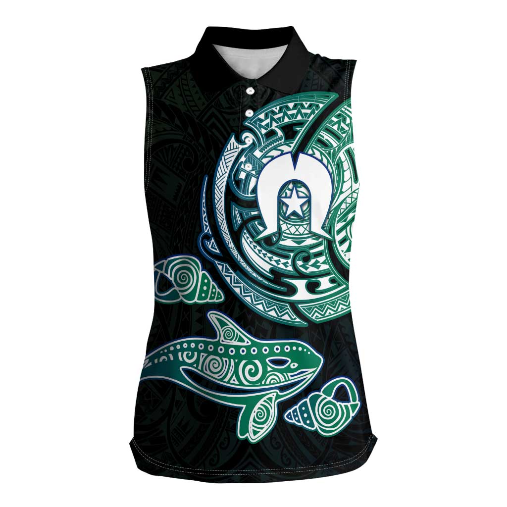Whale and Dhari Torres Strait Islands Women Sleeveless Polo Shirt Deep Green Oceanic Tribal Pattern Art