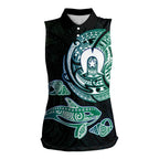 Whale and Dhari Torres Strait Islands Women Sleeveless Polo Shirt Deep Green Oceanic Tribal Pattern Art