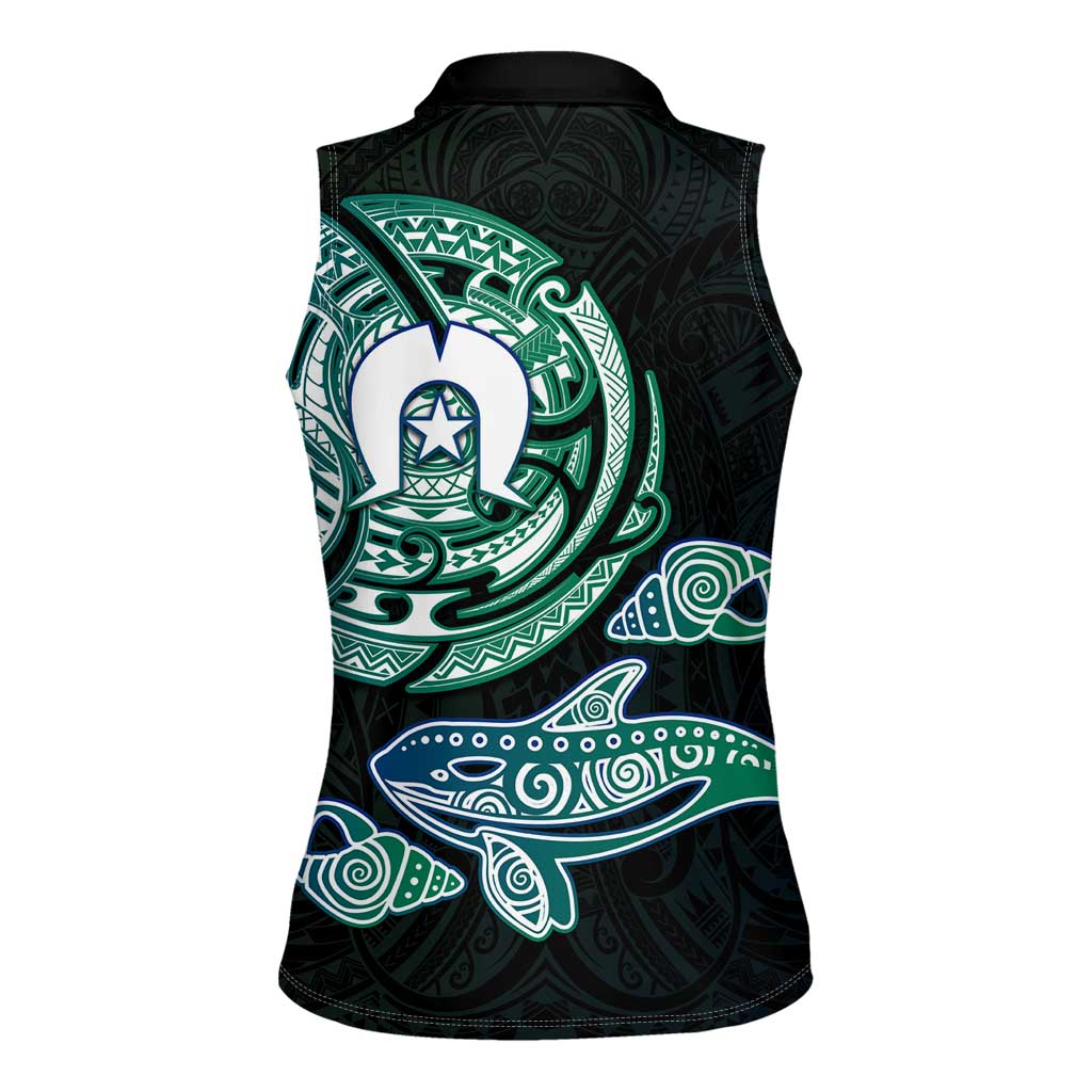 Whale and Dhari Torres Strait Islands Women Sleeveless Polo Shirt Deep Green Oceanic Tribal Pattern Art
