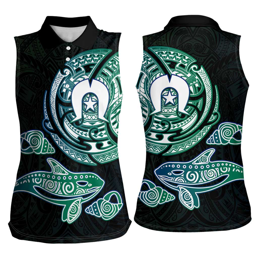 Whale and Dhari Torres Strait Islands Women Sleeveless Polo Shirt Deep Green Oceanic Tribal Pattern Art