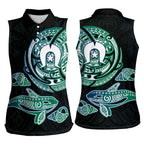 Whale and Dhari Torres Strait Islands Women Sleeveless Polo Shirt Deep Green Oceanic Tribal Pattern Art