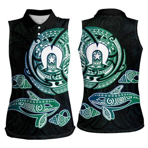 Whale and Dhari Torres Strait Islands Women Sleeveless Polo Shirt Deep Green Oceanic Tribal Pattern Art