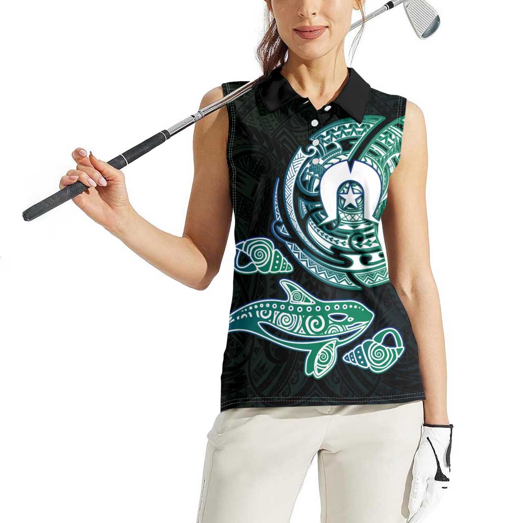 Whale and Dhari Torres Strait Islands Women Sleeveless Polo Shirt Deep Green Oceanic Tribal Pattern Art