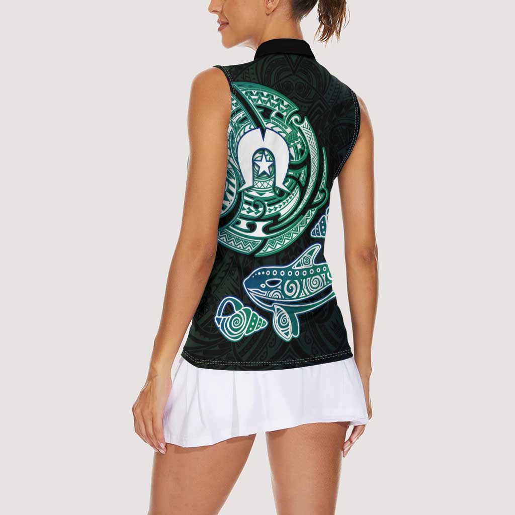 Whale and Dhari Torres Strait Islands Women Sleeveless Polo Shirt Deep Green Oceanic Tribal Pattern Art