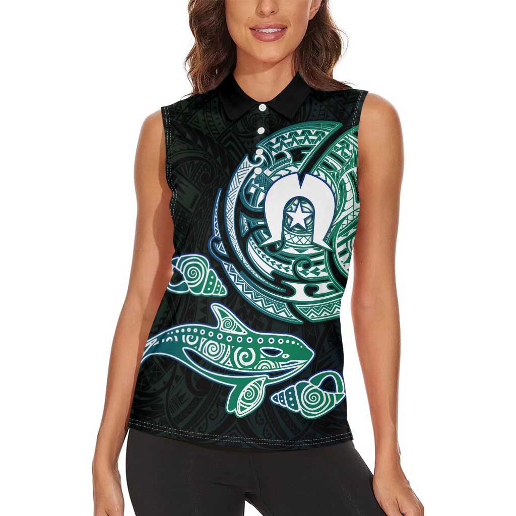 Whale and Dhari Torres Strait Islands Women Sleeveless Polo Shirt Deep Green Oceanic Tribal Pattern Art