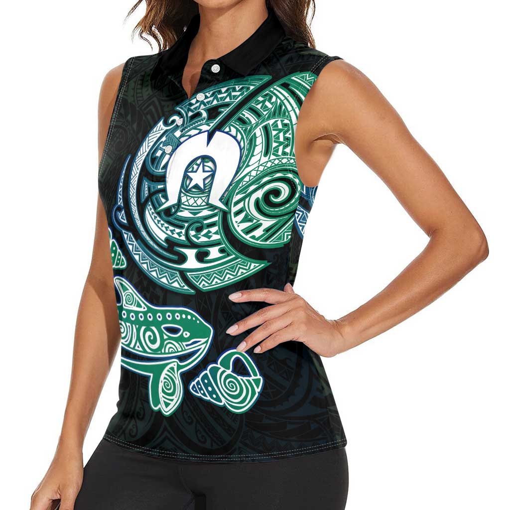 Whale and Dhari Torres Strait Islands Women Sleeveless Polo Shirt Deep Green Oceanic Tribal Pattern Art