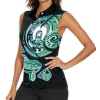 Whale and Dhari Torres Strait Islands Women Sleeveless Polo Shirt Deep Green Oceanic Tribal Pattern Art