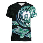 Whale and Dhari Torres Strait Islands Women V-Neck T-Shirt Deep Green Oceanic Tribal Pattern Art