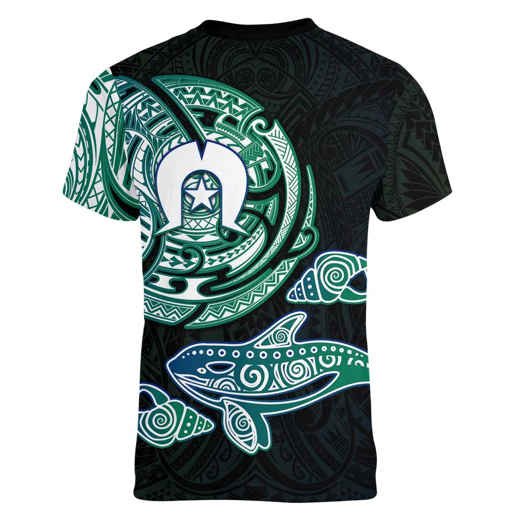 Whale and Dhari Torres Strait Islands Women V-Neck T-Shirt Deep Green Oceanic Tribal Pattern Art