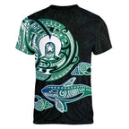 Whale and Dhari Torres Strait Islands Women V-Neck T-Shirt Deep Green Oceanic Tribal Pattern Art