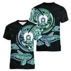 Whale and Dhari Torres Strait Islands Women V-Neck T-Shirt Deep Green Oceanic Tribal Pattern Art