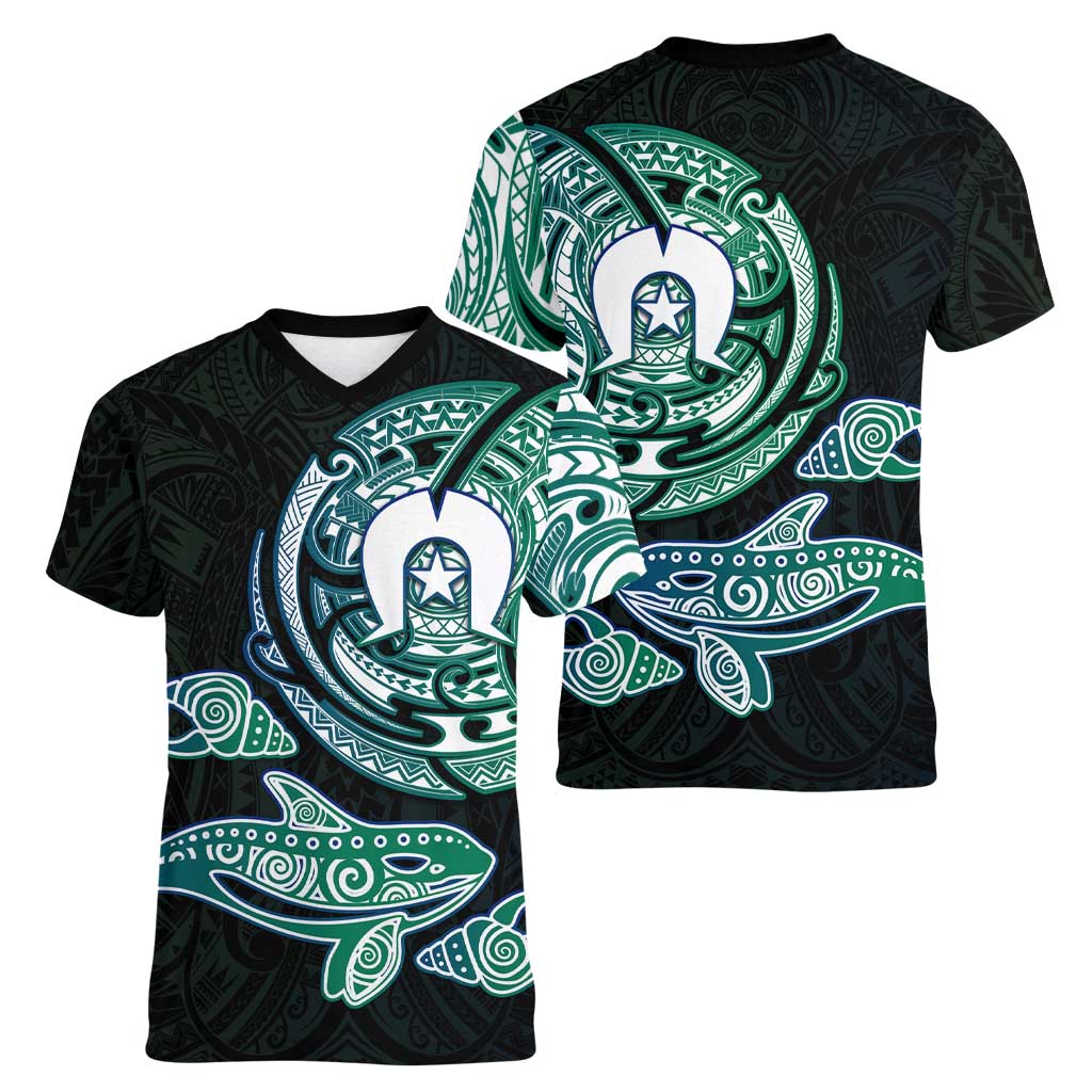 Whale and Dhari Torres Strait Islands Women V-Neck T-Shirt Deep Green Oceanic Tribal Pattern Art