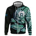 Whale and Dhari Torres Strait Islands Zip Hoodie Deep Green Oceanic Tribal Pattern Art