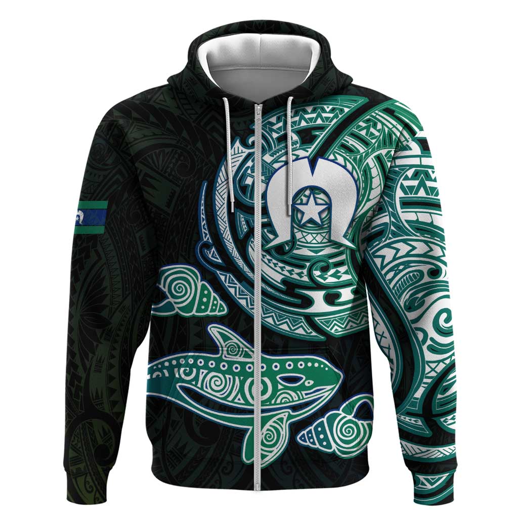 Whale and Dhari Torres Strait Islands Zip Hoodie Deep Green Oceanic Tribal Pattern Art