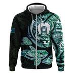 Whale and Dhari Torres Strait Islands Zip Hoodie Deep Green Oceanic Tribal Pattern Art