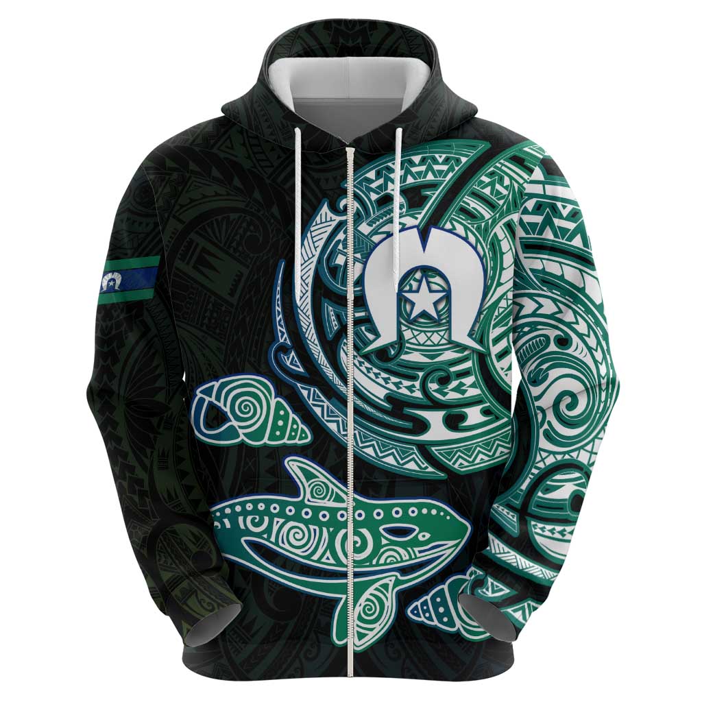 Whale and Dhari Torres Strait Islands Zip Hoodie Deep Green Oceanic Tribal Pattern Art