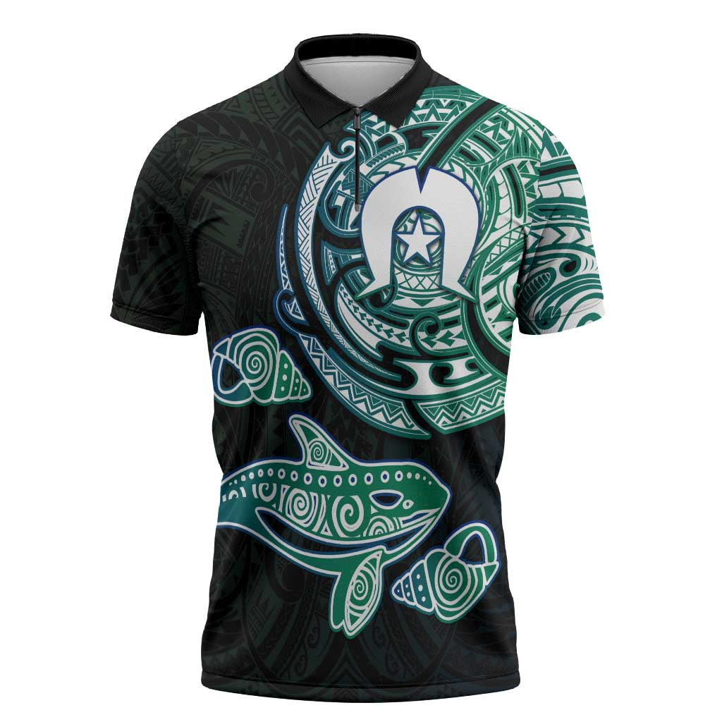 Whale and Dhari Torres Strait Islands Zipper Polo Shirt Deep Green Oceanic Tribal Pattern Art