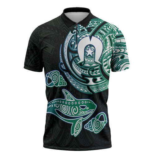 Whale and Dhari Torres Strait Islands Zipper Polo Shirt Deep Green Oceanic Tribal Pattern Art