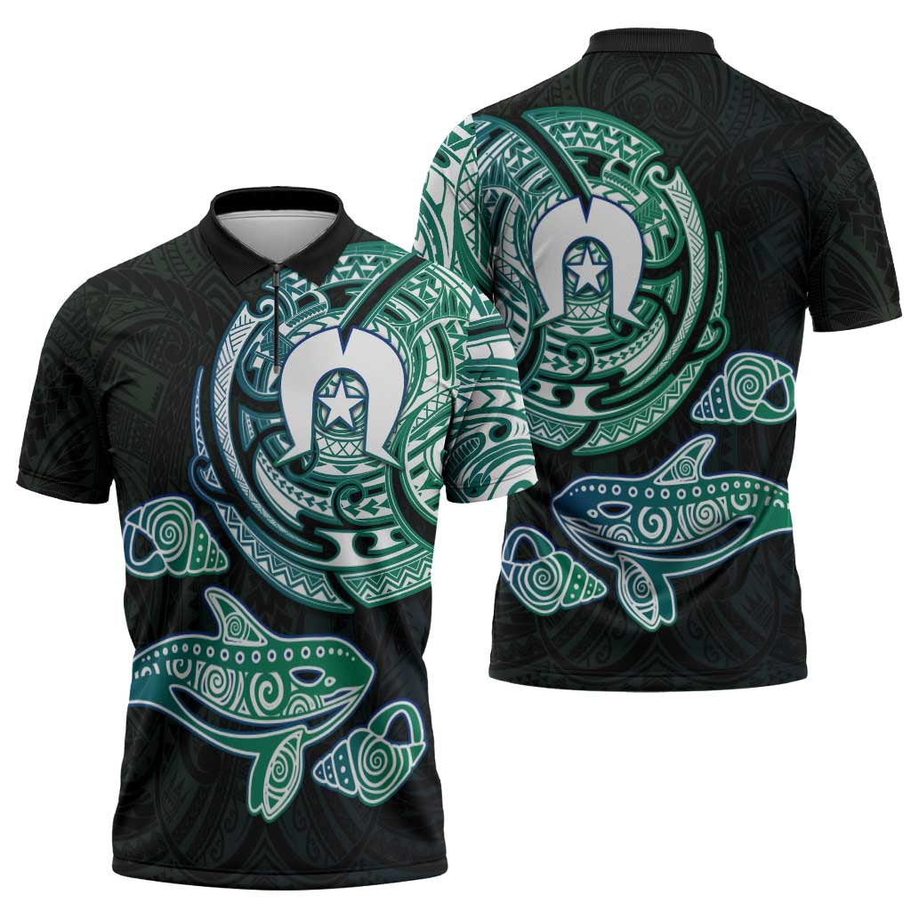 Whale and Dhari Torres Strait Islands Zipper Polo Shirt Deep Green Oceanic Tribal Pattern Art