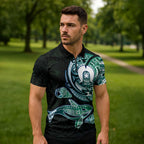 Whale and Dhari Torres Strait Islands Zipper Polo Shirt Deep Green Oceanic Tribal Pattern Art
