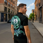 Whale and Dhari Torres Strait Islands Zipper Polo Shirt Deep Green Oceanic Tribal Pattern Art