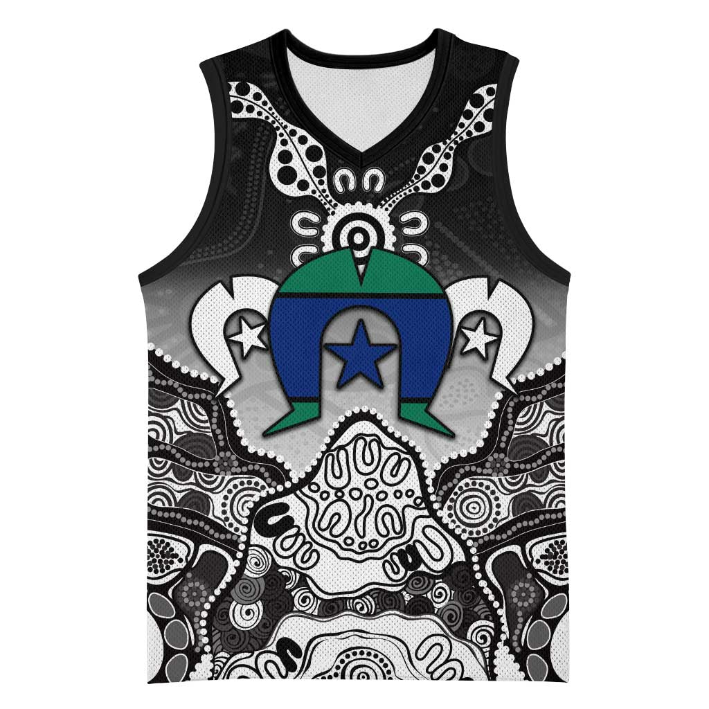 Torres Strait Islander Flag Basketball Jersey Dhari Indigenous Dotwork Pattern Art