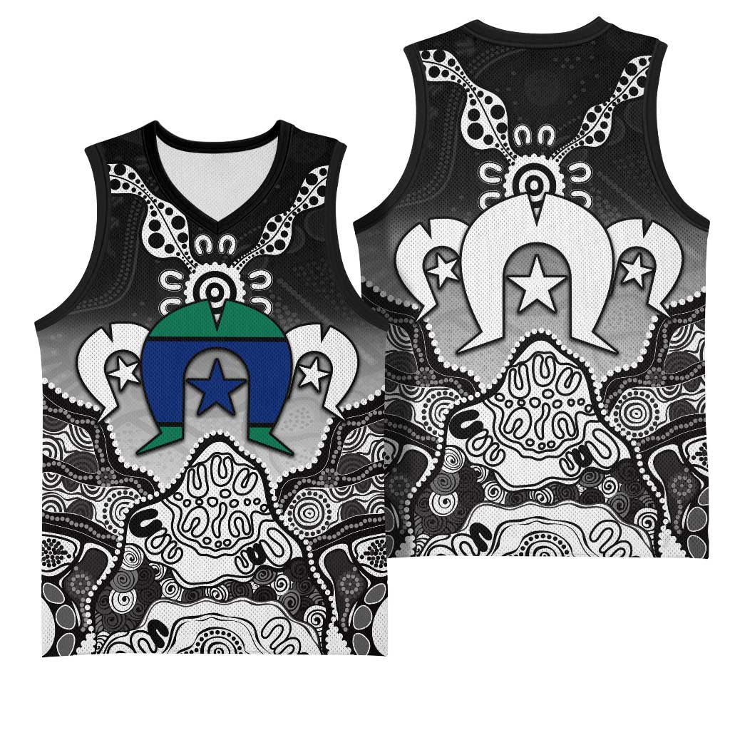 Torres Strait Islander Flag Basketball Jersey Dhari Indigenous Dotwork Pattern Art