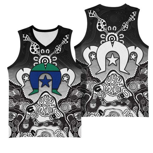 Torres Strait Islander Flag Basketball Jersey Dhari Indigenous Dotwork Pattern Art