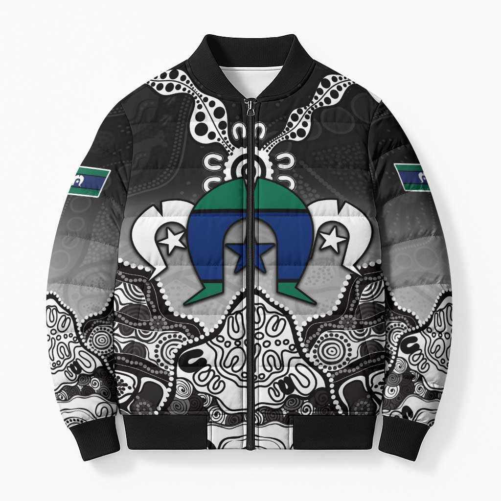 Torres Strait Islander Flag Bomber Puffer Jacket Dhari Indigenous Dotwork Pattern Art