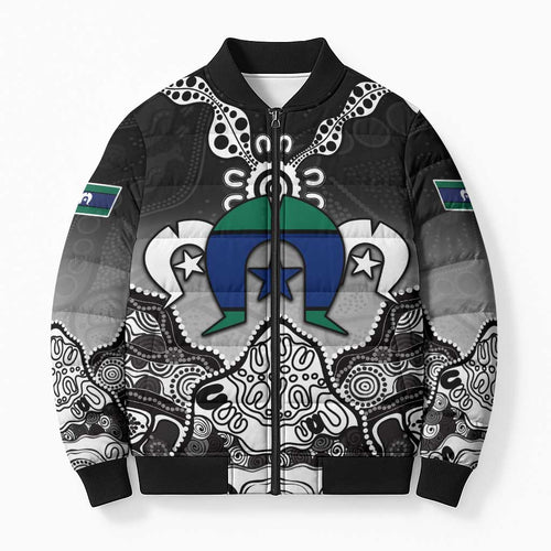 Torres Strait Islander Flag Bomber Puffer Jacket Dhari Indigenous Dotwork Pattern Art