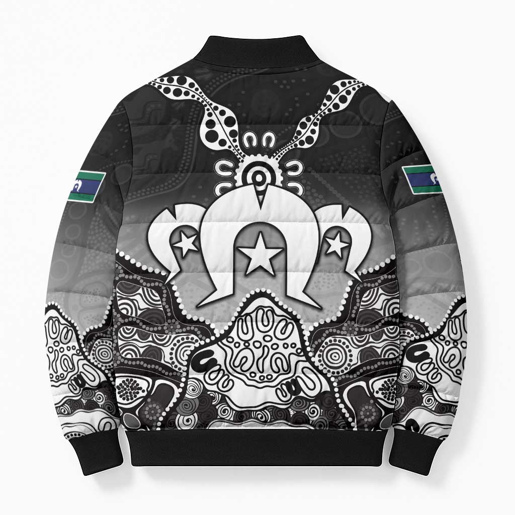 Torres Strait Islander Flag Bomber Puffer Jacket Dhari Indigenous Dotwork Pattern Art